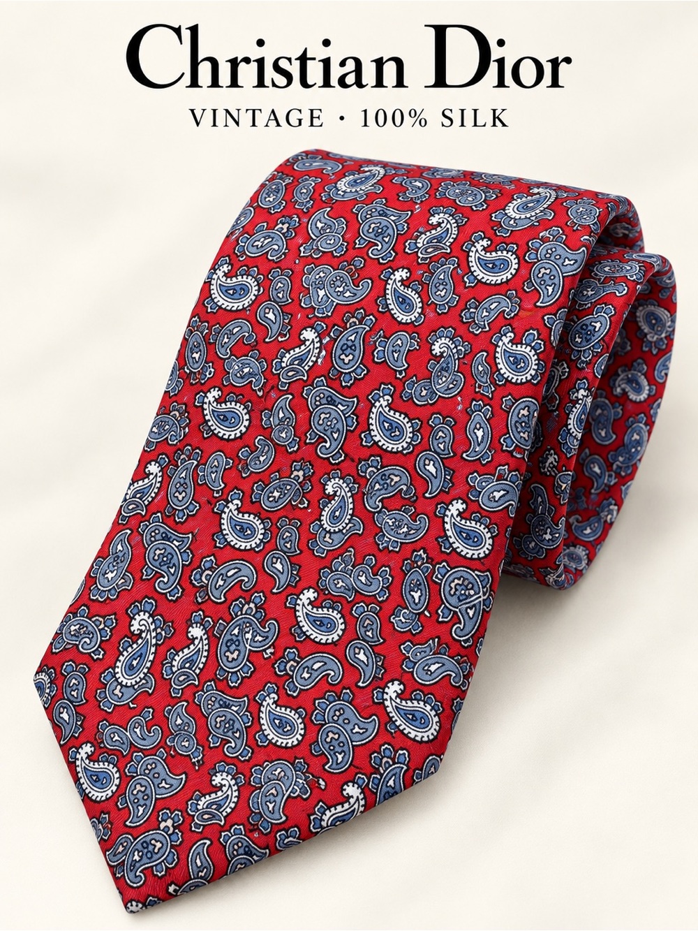 EUC Christian Dior Vintage Silk Paisley Tie Red Blue Academic Preppy Necktie